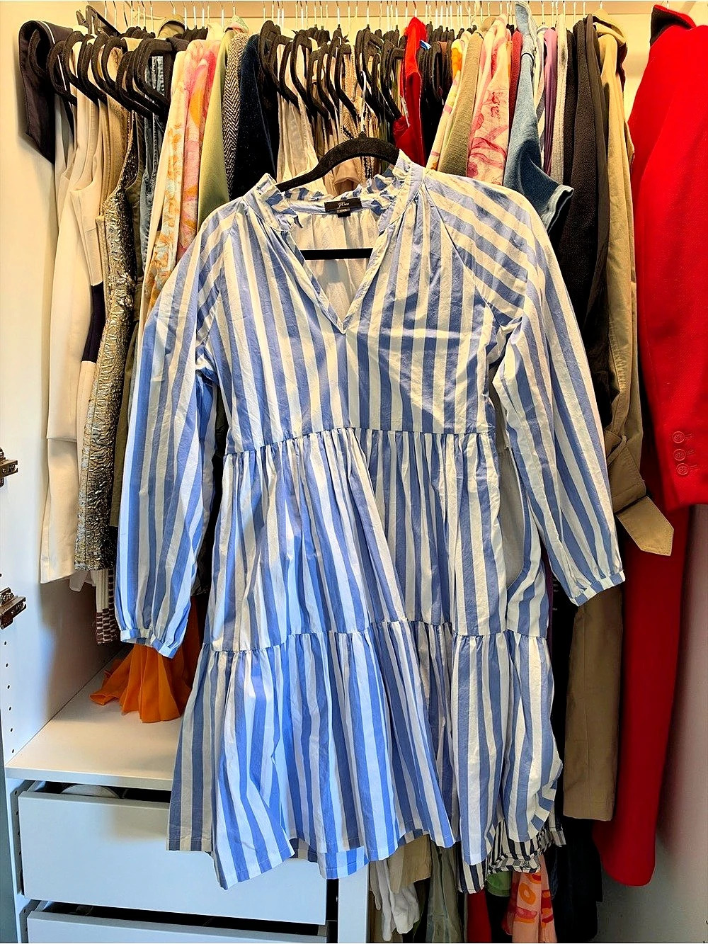 J.Crew Tiered popover dress in striped cotton poplin Blue & White Striped